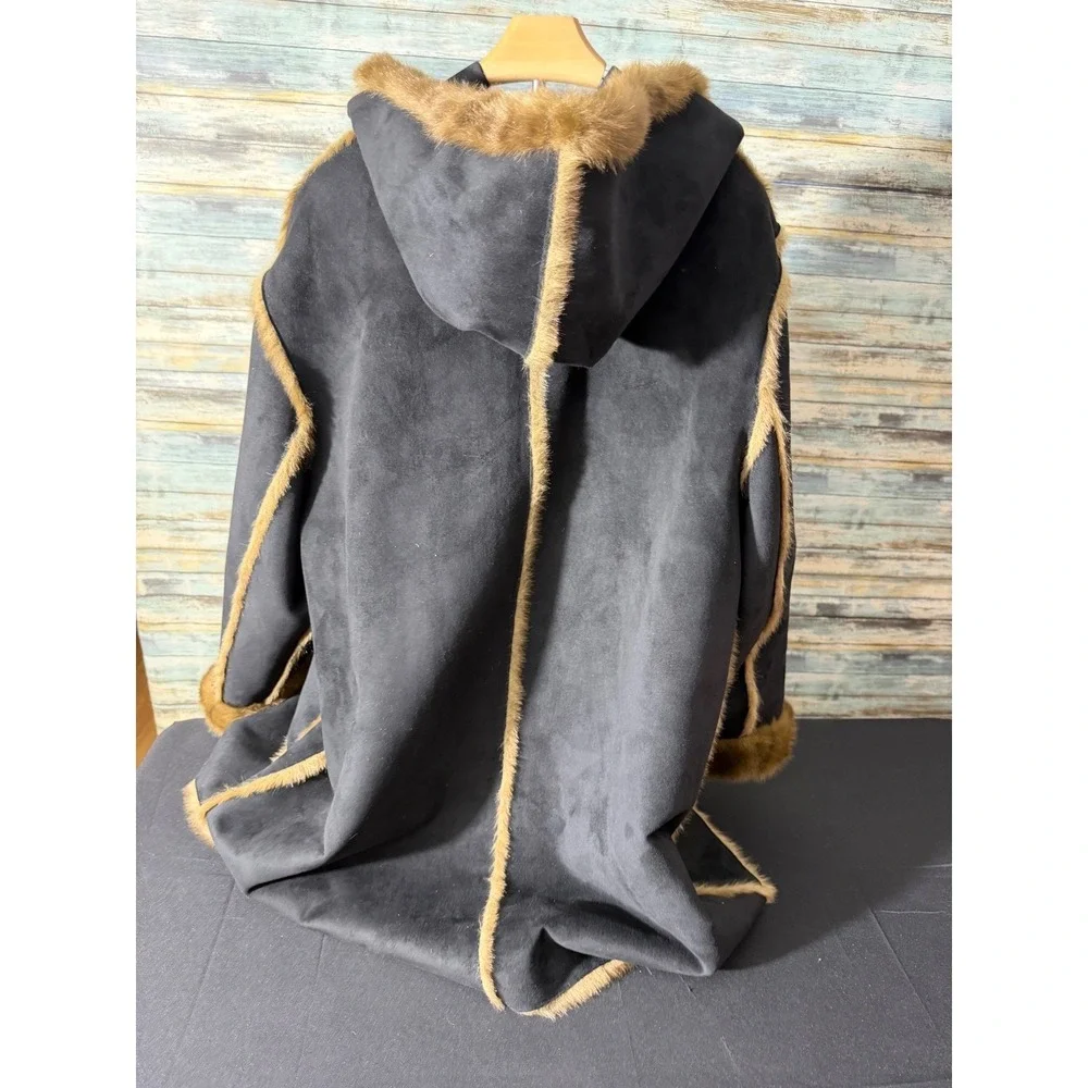 Dennis Basso‎ Faux Shearling Hooded Coat 1X Black Brown Excellent Faux Suede Fur - Picture 7 of 8